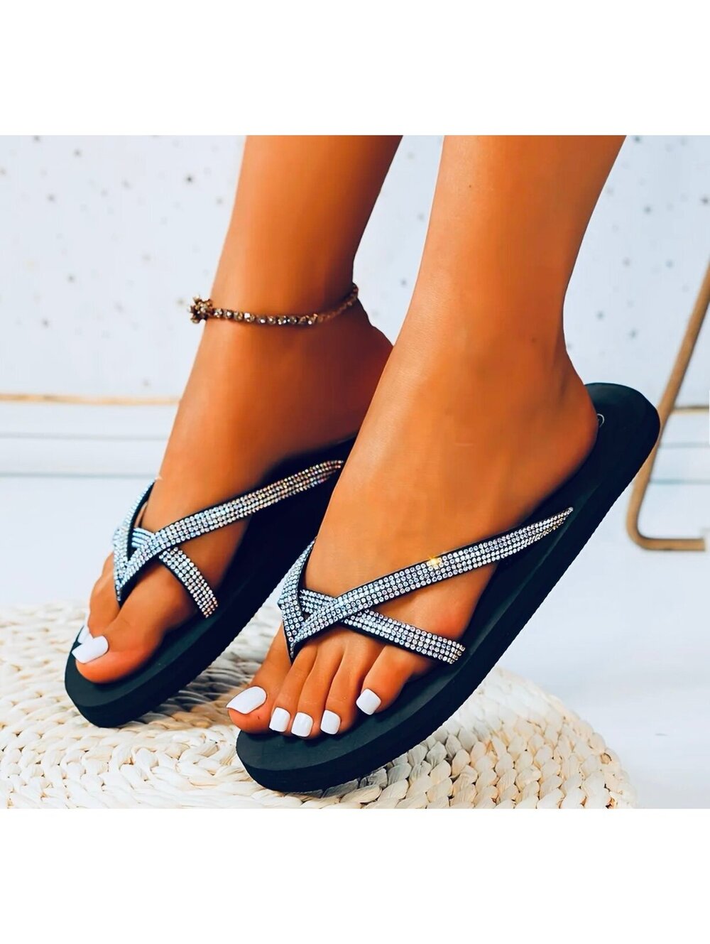 New - Glamorous Rhinestone Criss-Cross Sandals with Eva Sole - Size 7.5